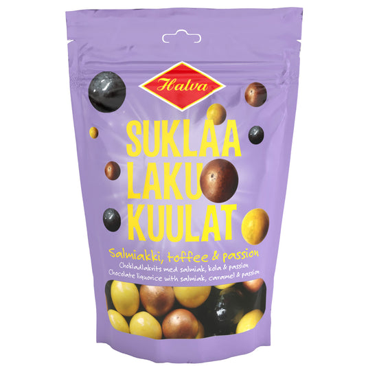 Halva finnische Schoko-Lakritzkugeln mit Salmiak, Toffee & Passionsfrucht 125g | Lakritz-Boutique